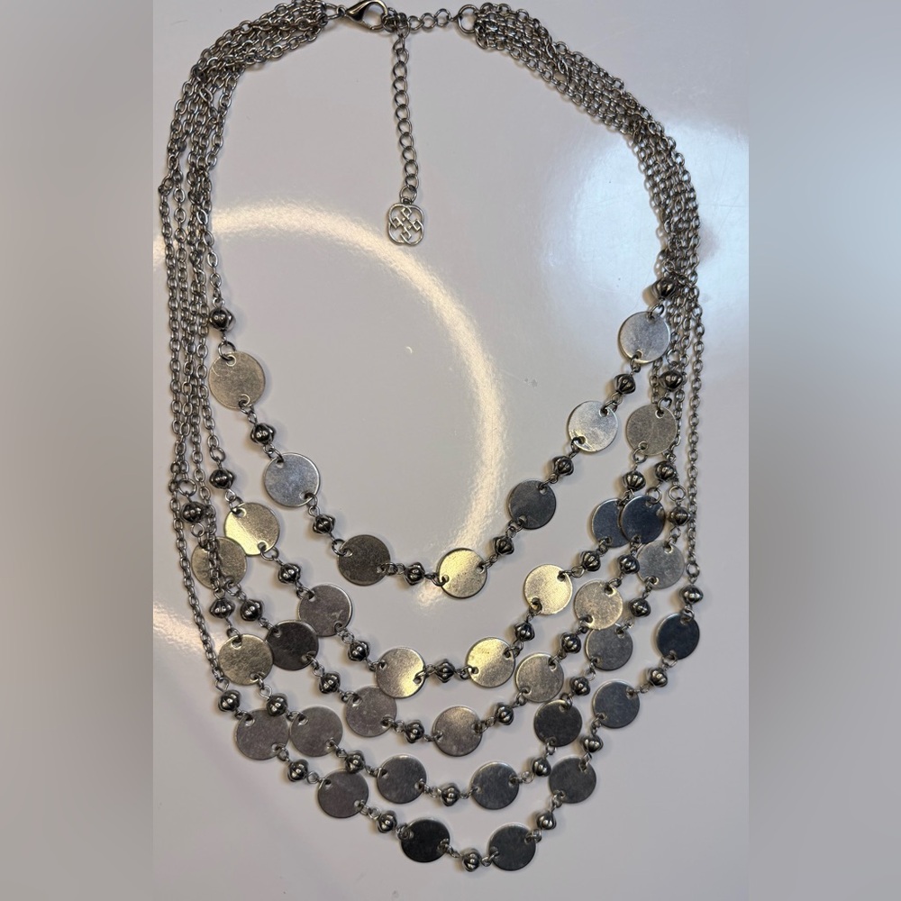 Silver Disk 5 Strand Multi-Layer Necklace. 17.5-21” - Picture 3 of 5